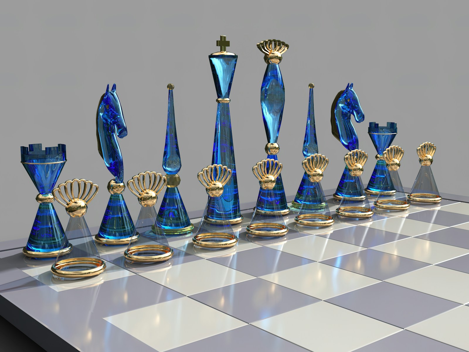 Photo by Alexander Mils a chess board with blue glass pieces on it